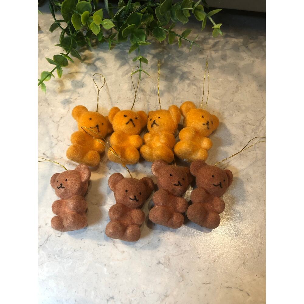Vintage flocked teddy bear ornaments, two colors of brown .